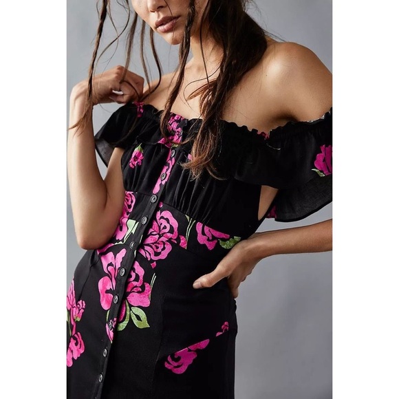 Free People Black and Pink Floral Midi Dress - Picture 6 of 13